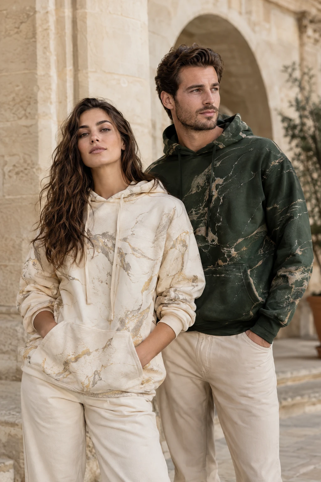 AI-generated concept: woman and man wearing abstract printed hoodies