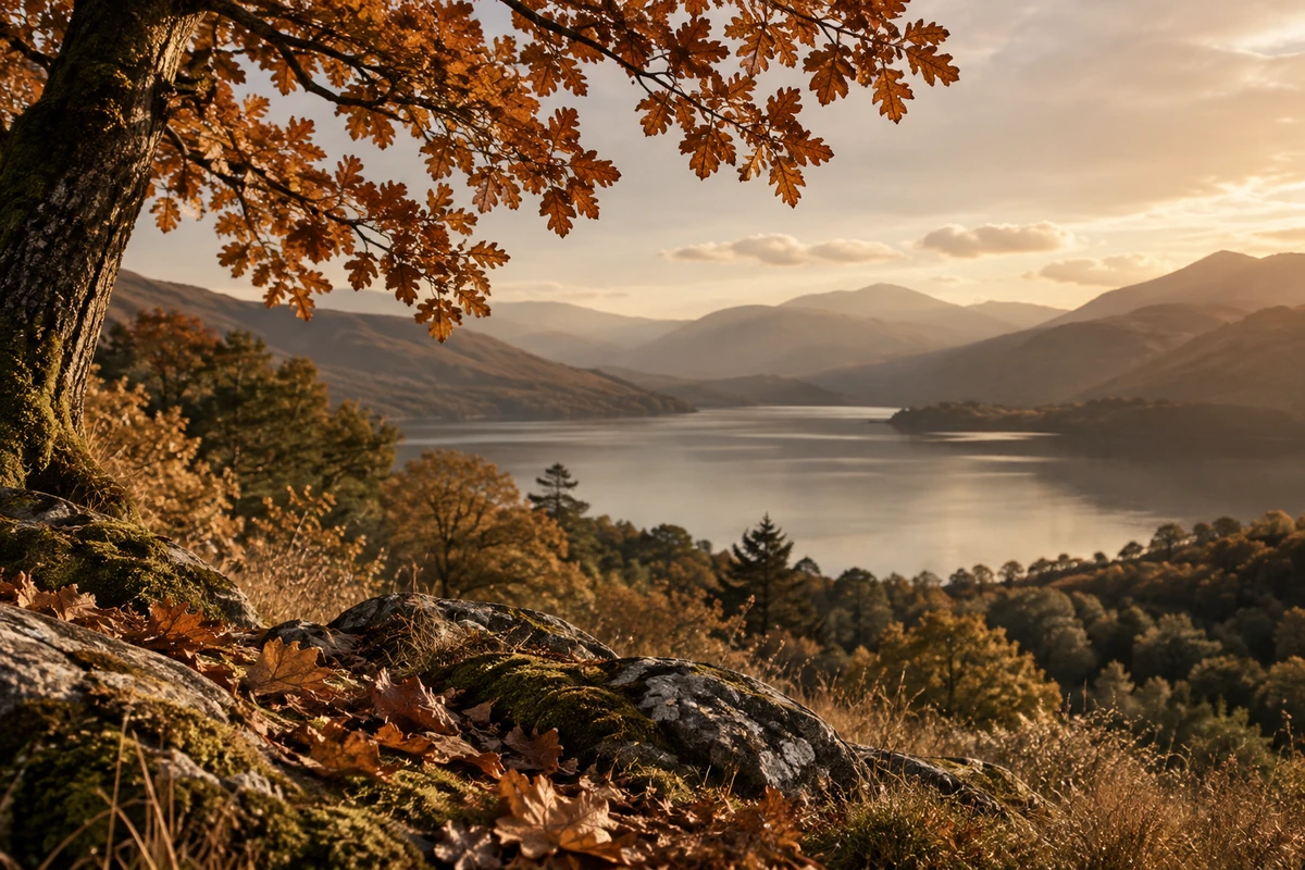 Autumn leaves overlooking a lake and mountains