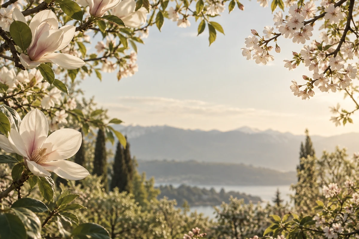 Spring blossoms overlooking a lake and mountains