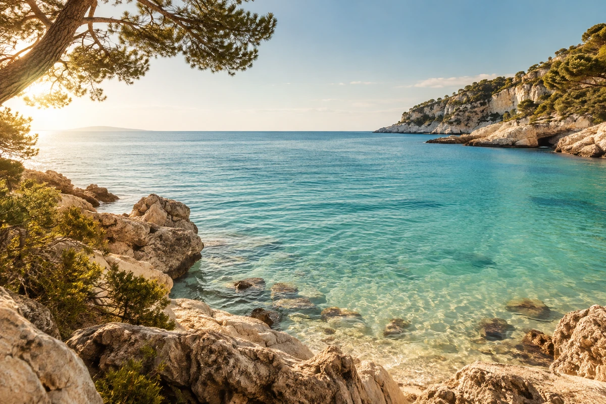 Sunlit turquoise sea and rocky coast in summer